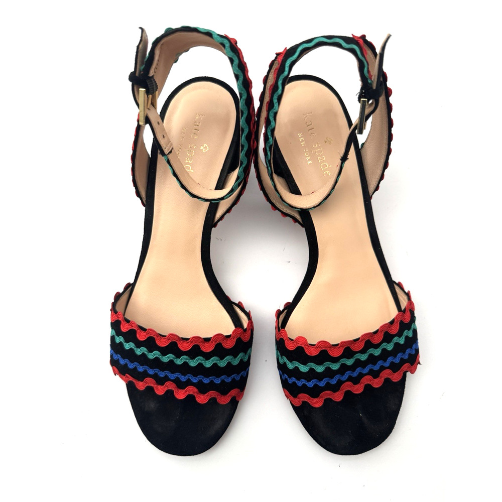 Kate Spade Pietra Sandals 8.5M Black Scalloped Suede Breezy Block Heel Ric-Rac